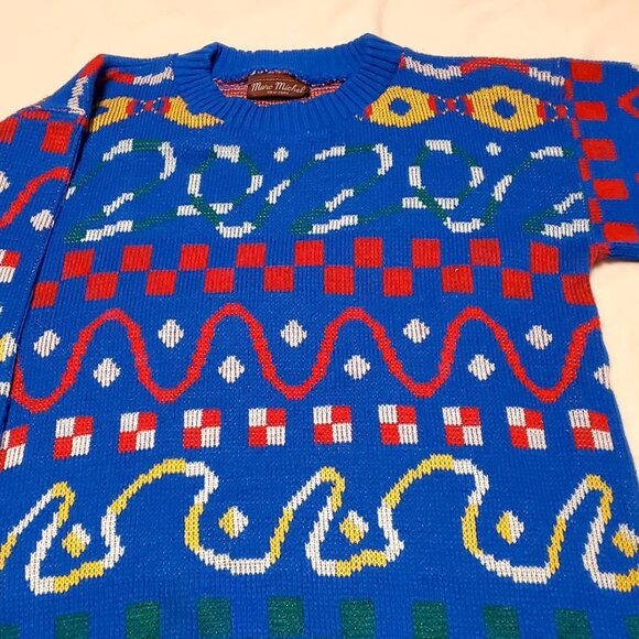 Vintage Marc Michel New York Sweater Men Blue Geometric Knit Pullover - Picture 11 of 12
